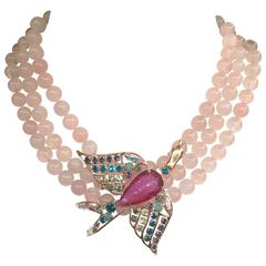 PHILIPPE Ferradis Pink Quartz and Swarovski Crystal Bird Necklace