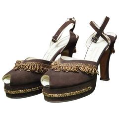 1940s Brown Beaded Platform Shoes 10