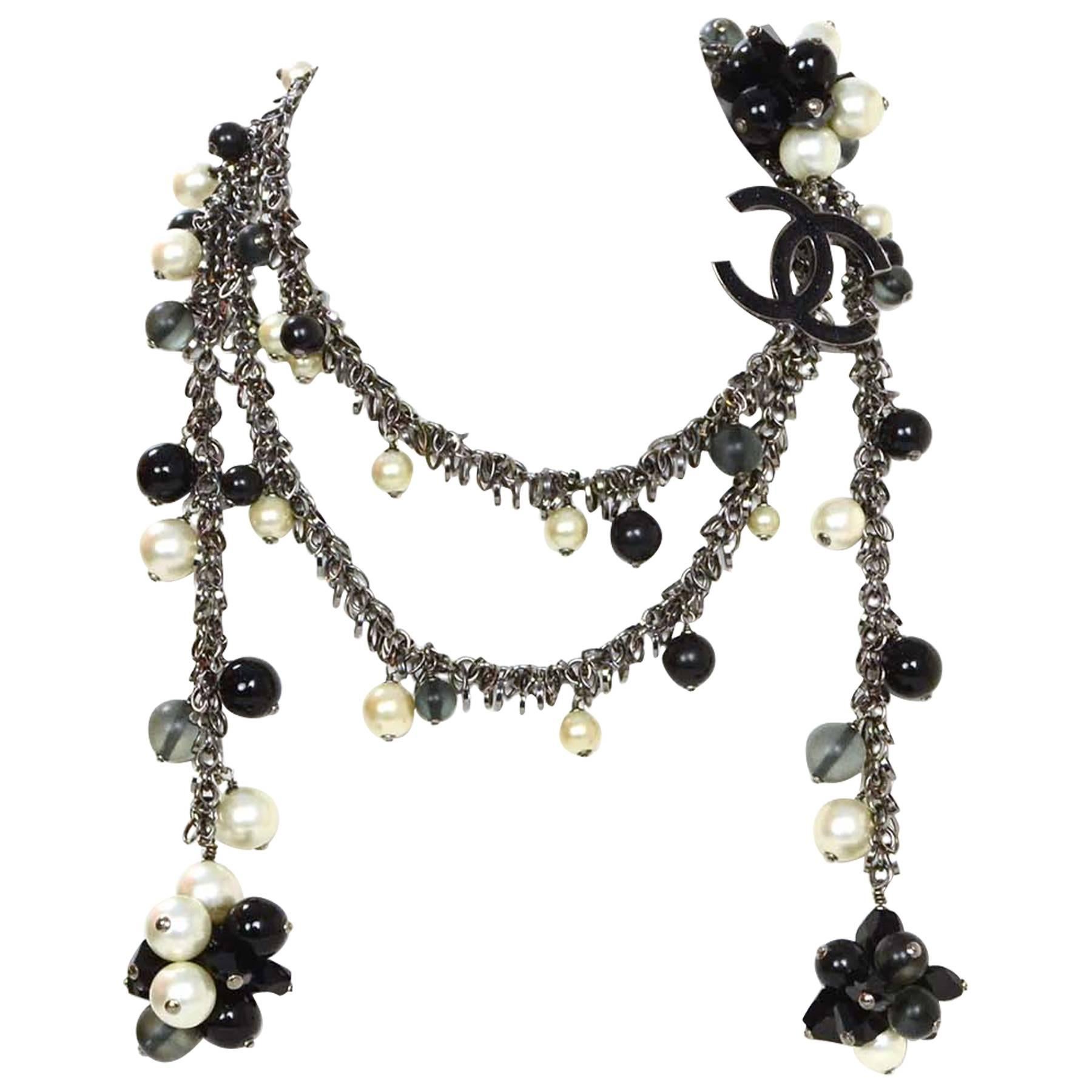 Chanel Pearl & Black Beaded CC Pendant Lariat Necklace