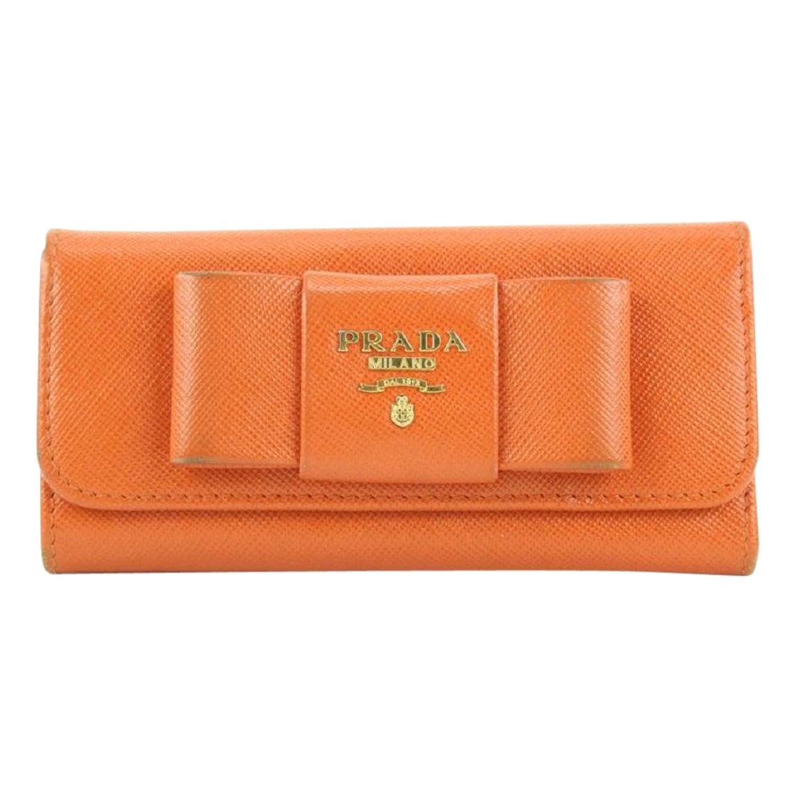 Prada Orange Saffiano Leather Bow 6 Key Holder Wallet Case 354pr525