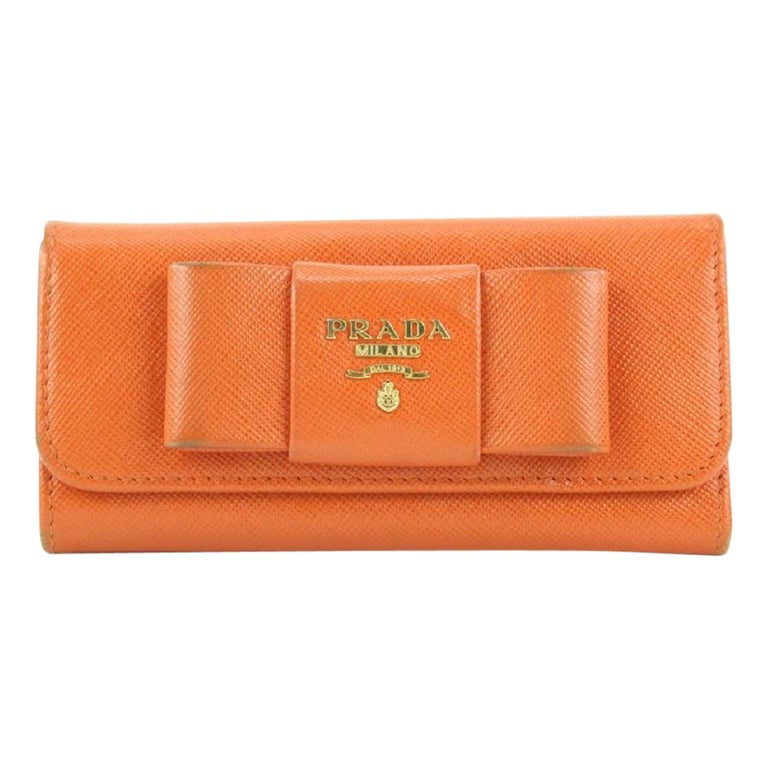 Prada Orange Saffiano Leather Bow 6 Key Holder Wallet Case 354pr525 at