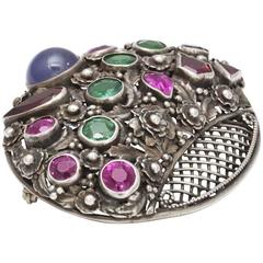 1930s Hobe Silver and Faux Jewel Brooch