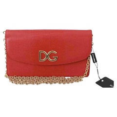 Dolce & Gabbana Red Gold Leather Crossbody Shoulder Bag DG Logo Chain Handbag