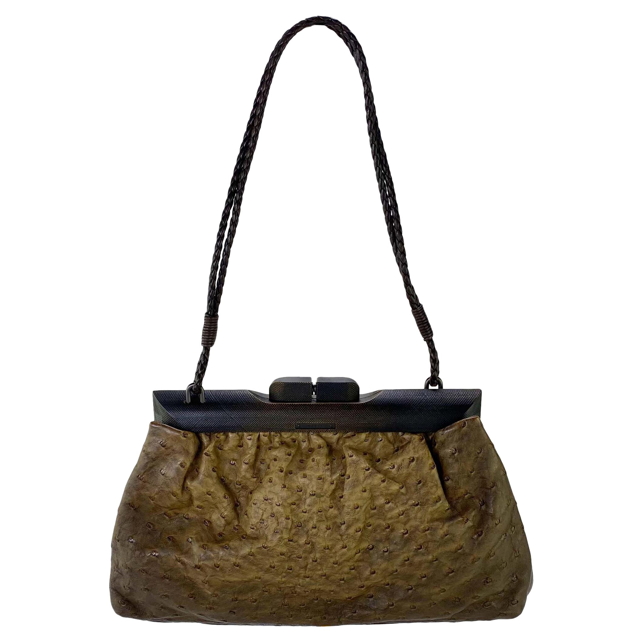 F/W 2002 Gucci by Tom Ford Genuine Ostrich Braided Leather Wood Shoulder Bag For Sale