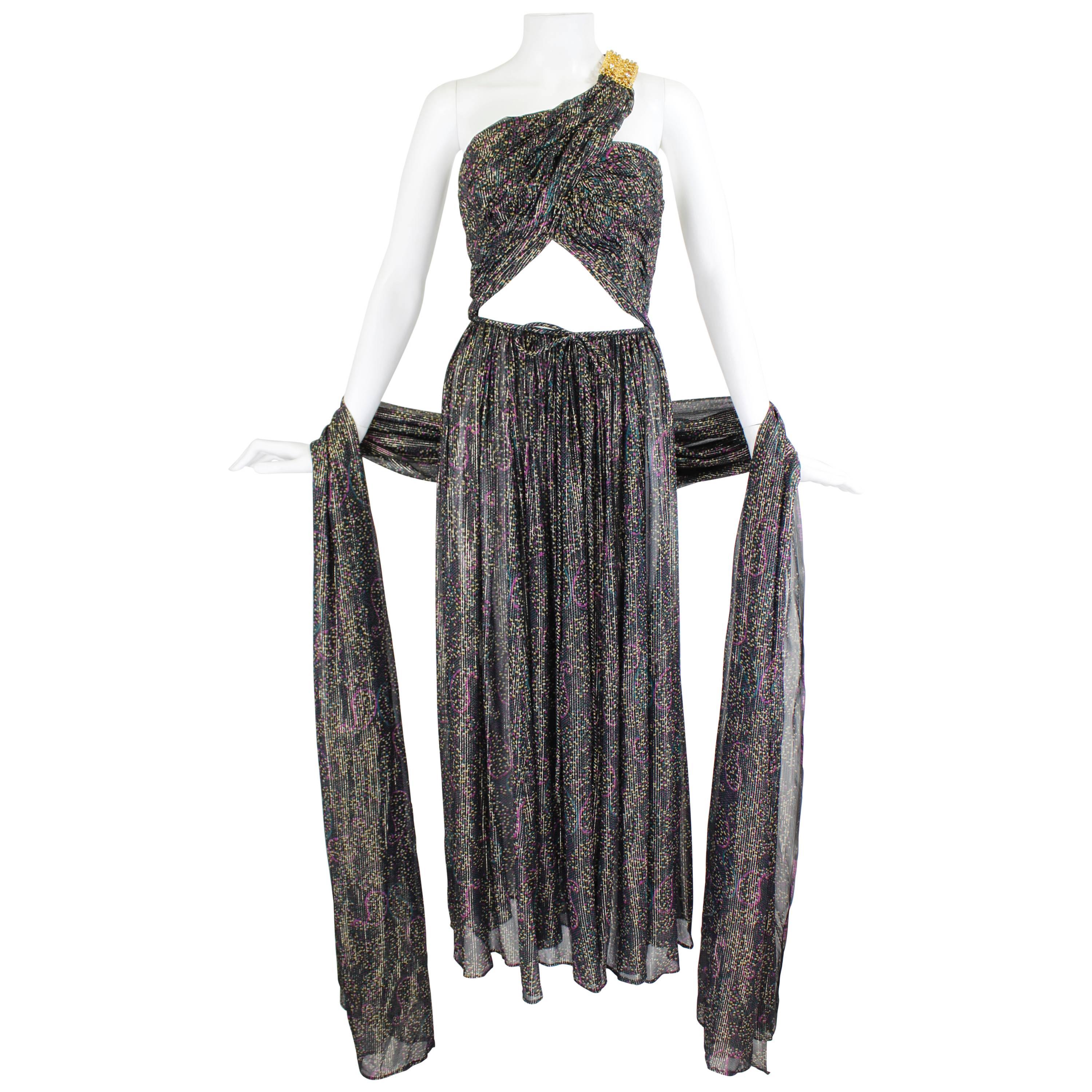 1970s Tita Rossi Metallic Painterly Paisley Evening Gown with Wrap For Sale