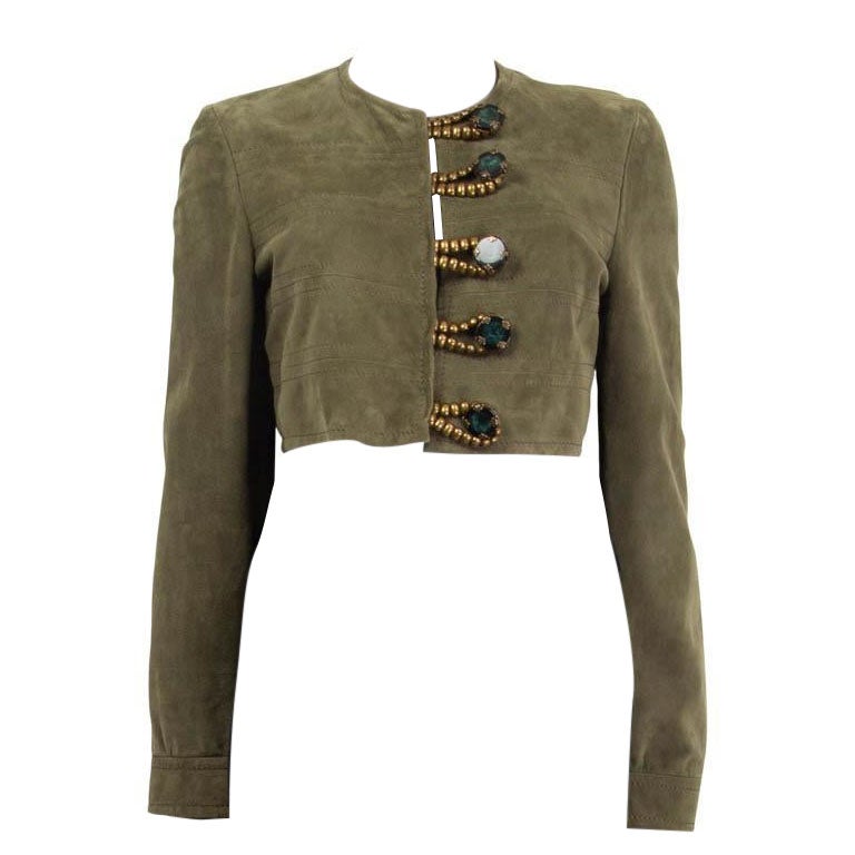 ETRO green suede EMBELLISHED CROPPED Jacket 46 XL For Sale