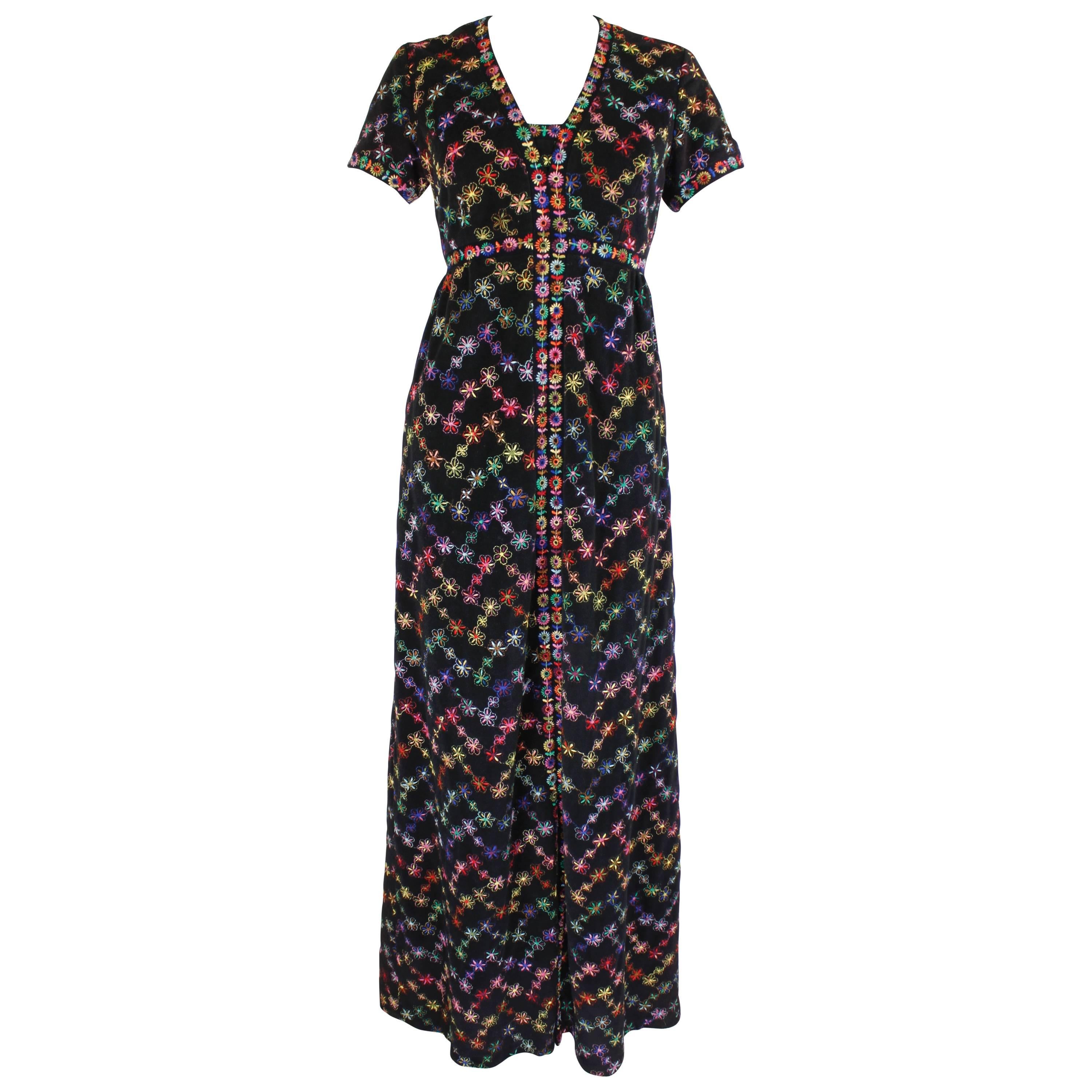 1970s Sant' Angelo Attribution Black Rainbow Embroidered Floral Maxi Dress