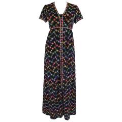 Retro 1970s Sant' Angelo Attribution Black Rainbow Embroidered Floral Maxi Dress