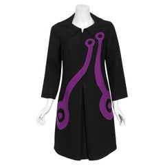 Vintage 1969 Mila Schön Italian Couture Black Purple Wool Mod Target Coat Dress