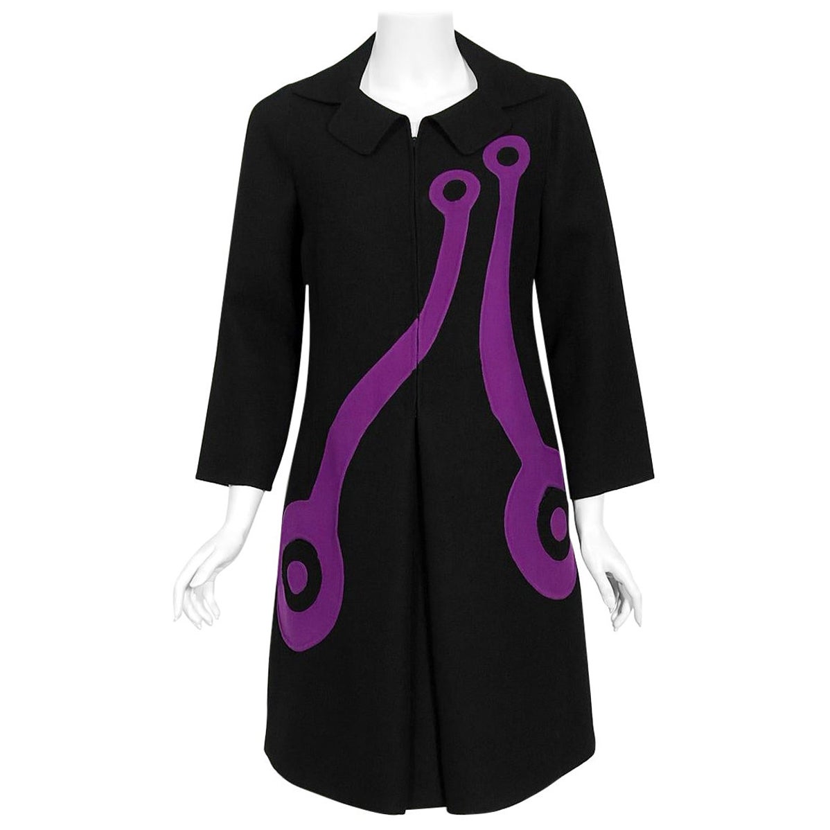 Vintage 1969 Mila Schön Italian Couture Black Purple Wool Mod Target Coat Dress