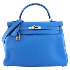 Hermes Kelly Handbag Bleu Hydra Clemence with Palladium Hardware 32