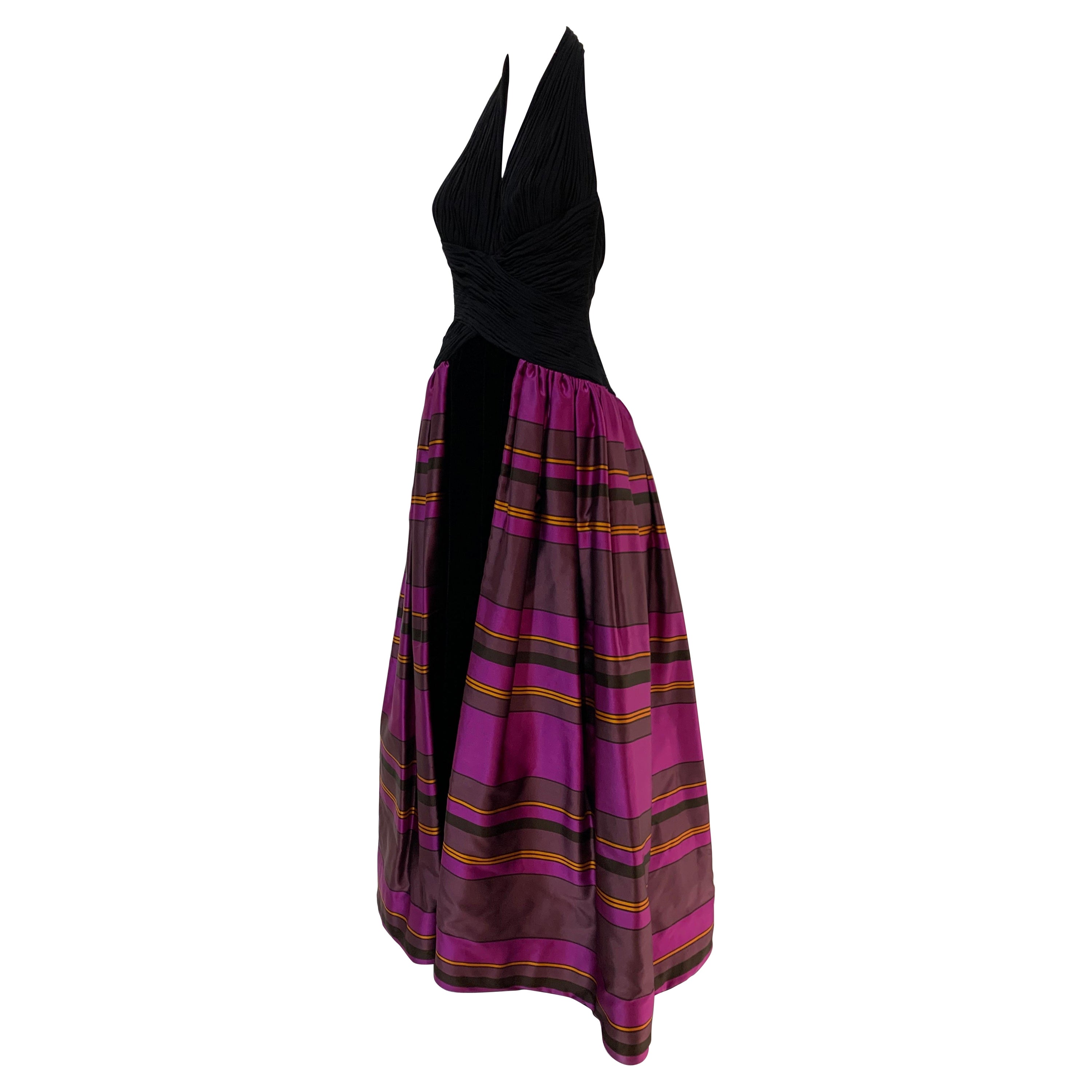 1990s Couture Black Jersey Halter Gown w/ Velvet & Vivid Fuchsia Silk Skirt  For Sale