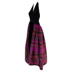 1990s Couture Black Jersey Halter Gown w/ Velvet & Vivid Fuchsia Silk Skirt 