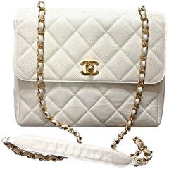 Chanel White Caviar Leather Medium Classic Flap Bag with Silver Hardware at  1stDibs