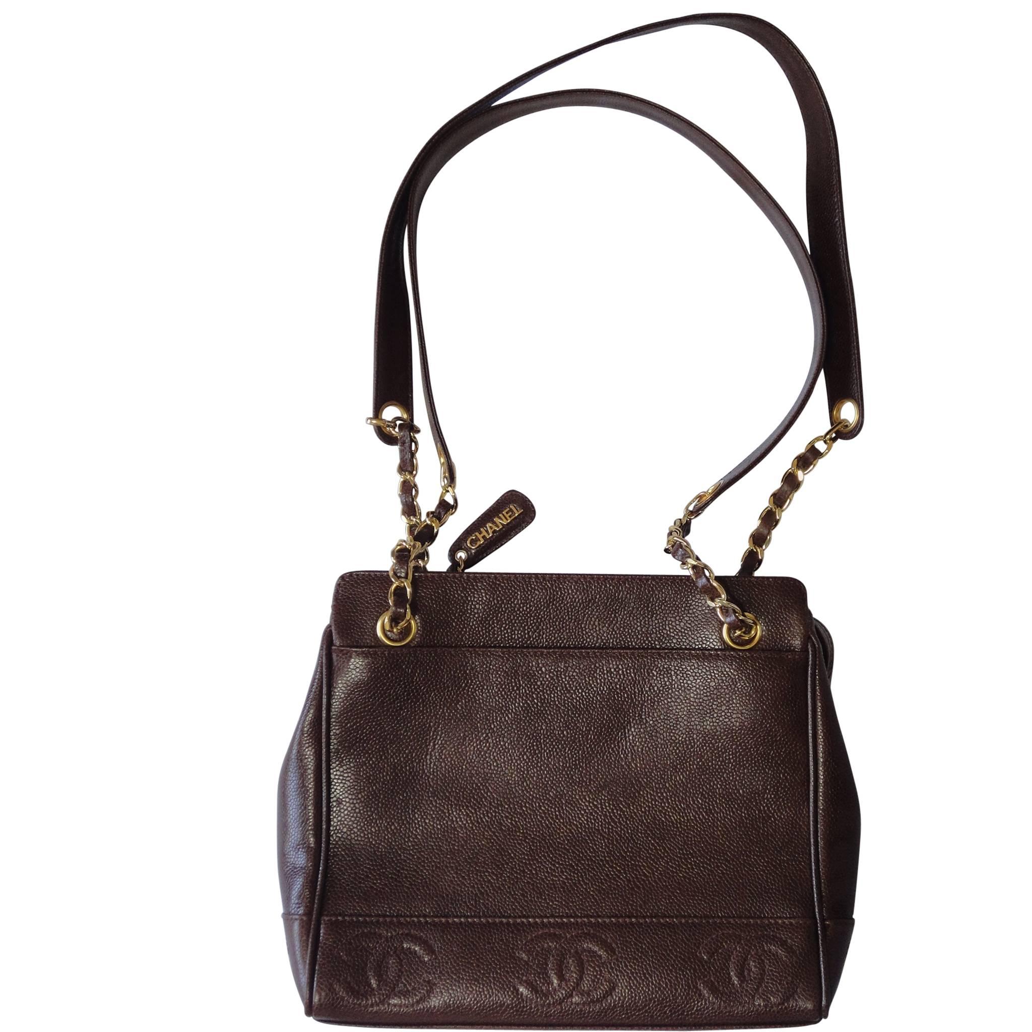 MINT. Vintage CHANEL dark brown caviar shoulder bag, tote bag with CC mark. For Sale