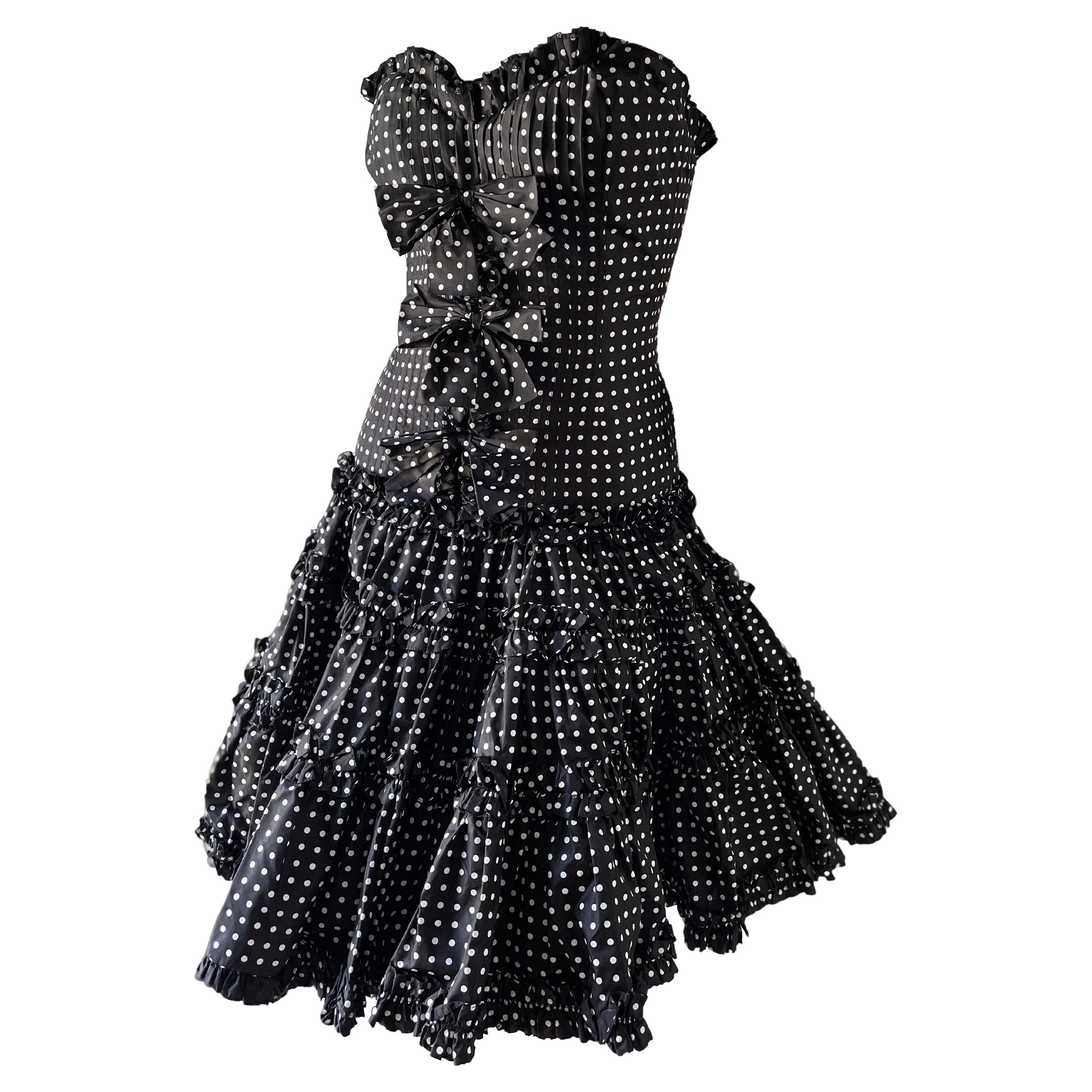 Oscar de la Renta Vintage Polka Dot Silk Corset Mini Crini Ball Gown with Bows For Sale