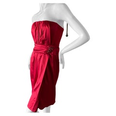 Dolce & Gabbana Vintage Strapless Red Silk Evening Dress w Bold "Ruby"  Jewel 