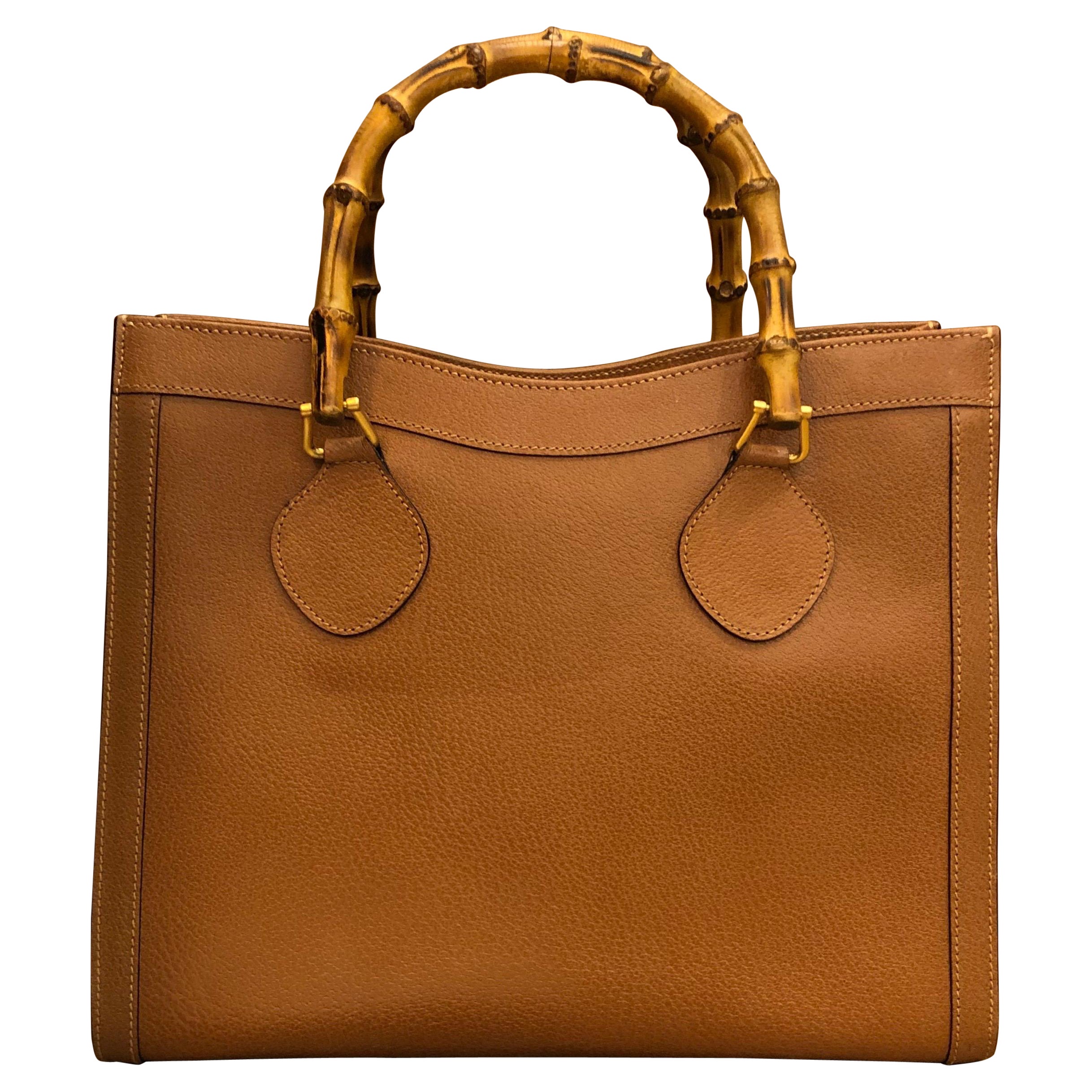 1990s Gucci Tan Leather Bamboo Tote Diana Tote (Medium)