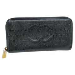 Chanel Schwarze lange Brieftasche aus Leder mit Reißverschluss in Kaviar L-Gusset 863421
