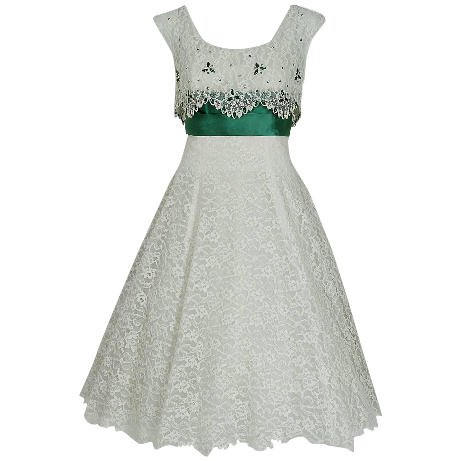 1950's Peggy Hunt White Lace & Green Satin Rhinestone Shelf-Bust Party Dress