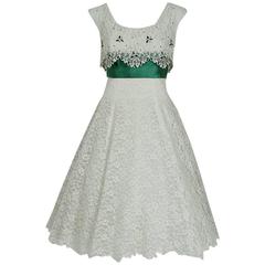 Vintage 1950's Peggy Hunt White Lace & Green Satin Rhinestone Shelf-Bust Party Dress