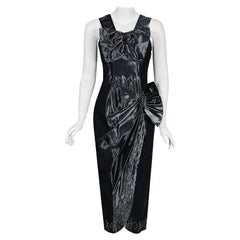 Vintage 1950s Iridescent Gunmetal Silk-Taffeta Beaded Rhinestone Hourglass Dress