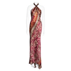 Roberto Cavalli red, pink and gold bias-cut silk halter-neck maxi dress, fw 2004