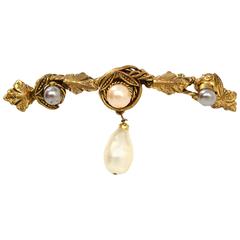 Chanel Vintage '83 Gold Leaf & Pearl Brooch Pin