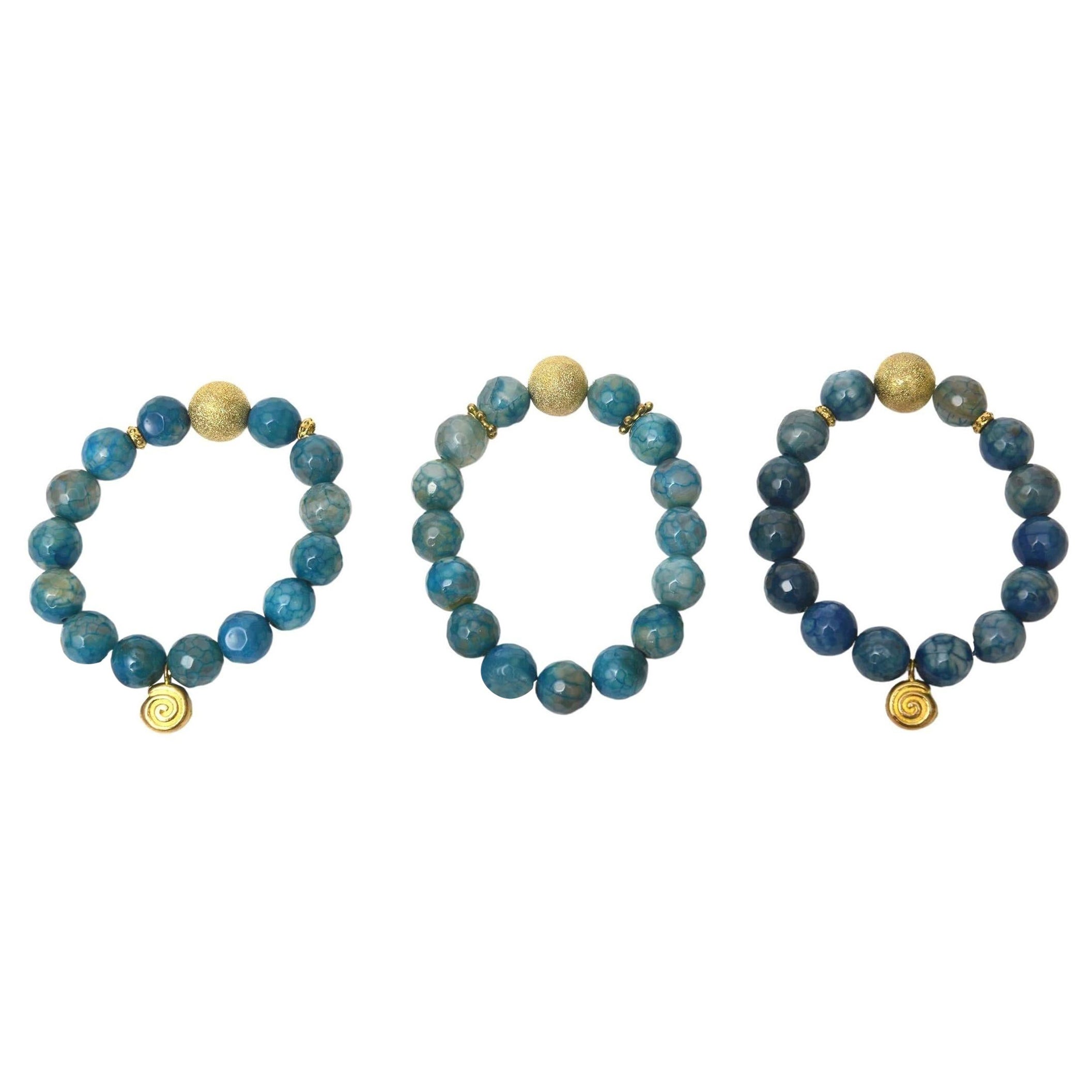 Trio of Jeweler Custom Made Beaded Blue Sapphire Agate Gold Ball Bracelets For Sale