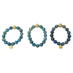 Trio of Jeweler Custom Made Beaded Blue Sapphire Agate Gold Ball Bracelets 