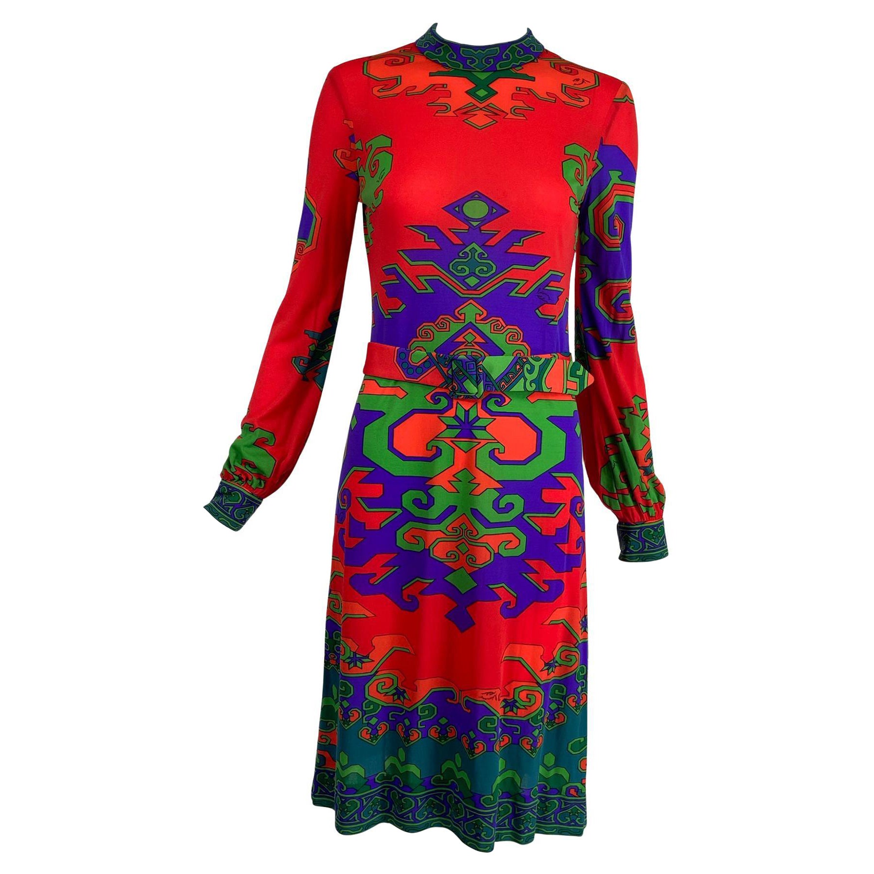 Leonard Fashion Paris Silk Jersey Geometric Design Dress 1970s