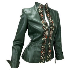 Valentino Forest Green 3-D Flowers Embroidery Beaded Lamb Leather Jacket size 8