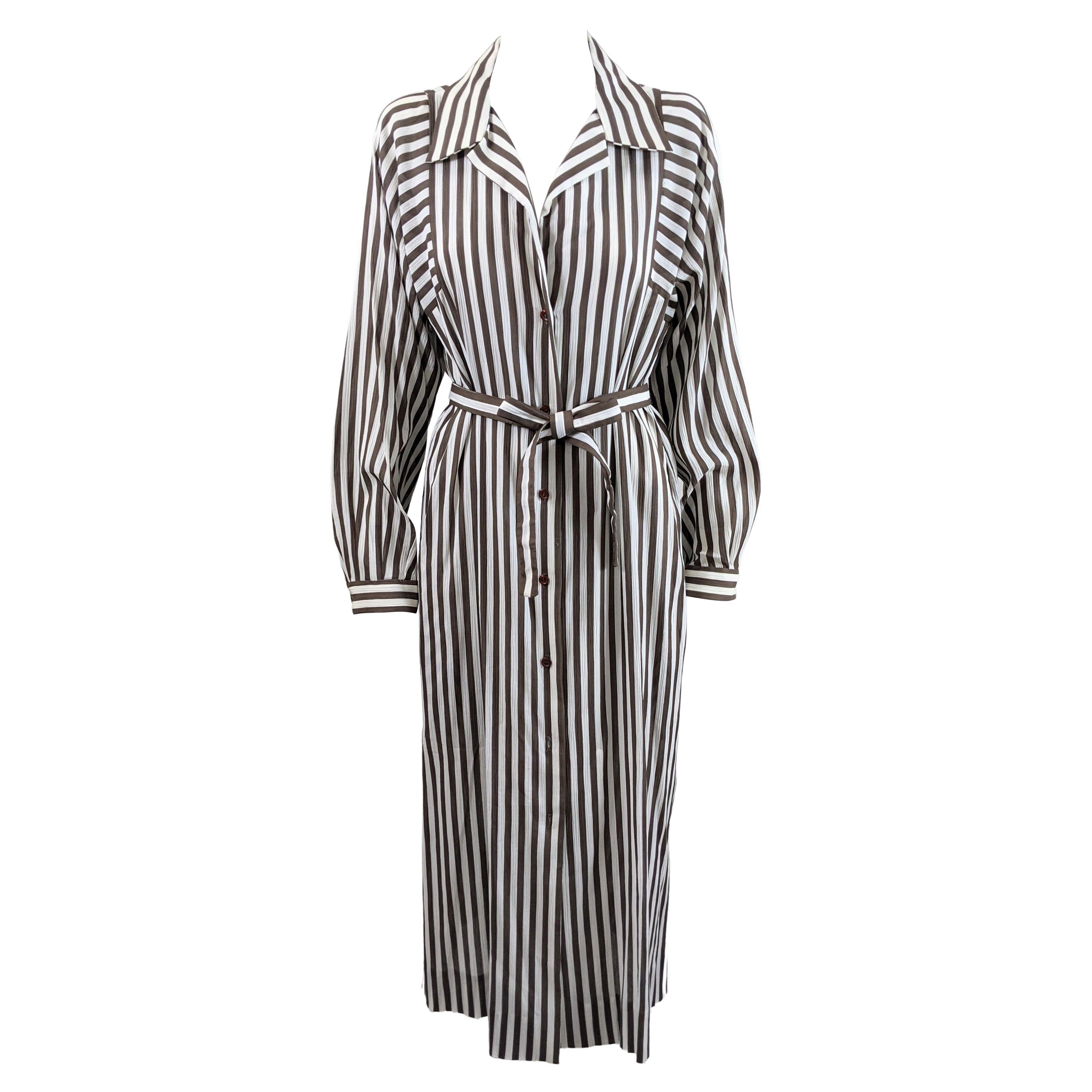 Halston Crinkle Cotton Striped Day Dress For Sale