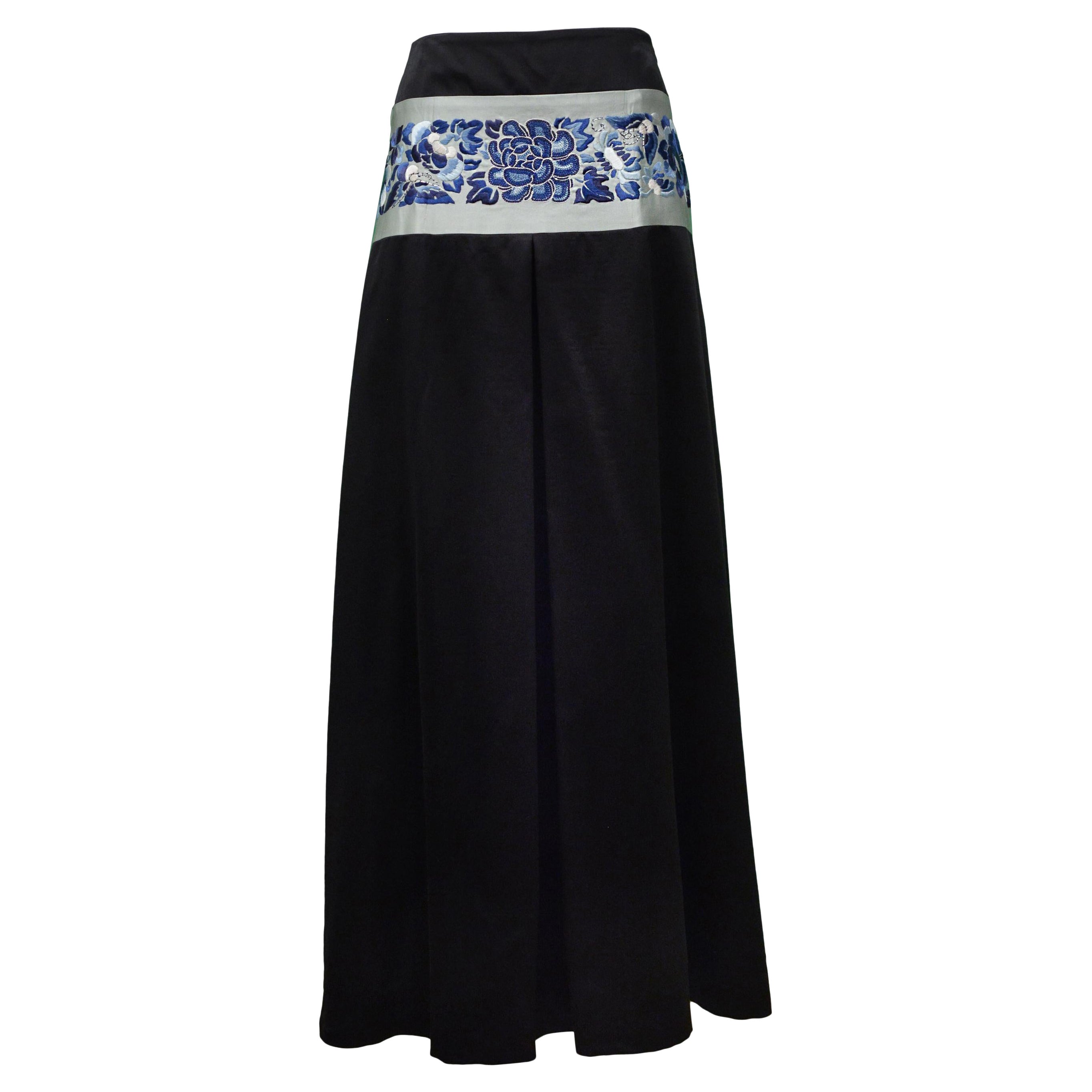 John Galliano Black Satin Maxi Skirt With Blue Floral Asian Inspired Waistband For Sale