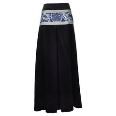 John Galliano Black Satin Maxi Skirt With Blue Floral Asian Inspired Waistband