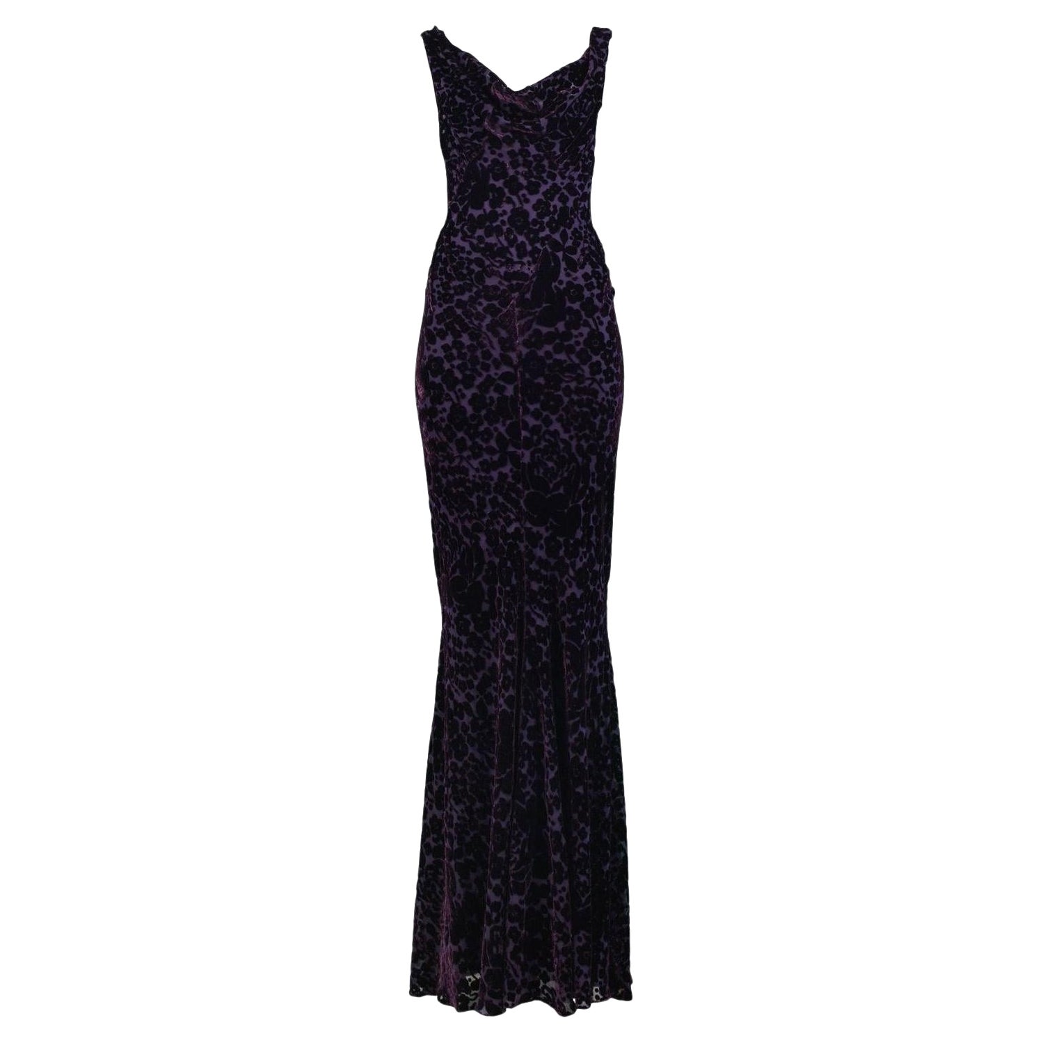 John Galliano Purple & Black Floral Devore Evening Gown