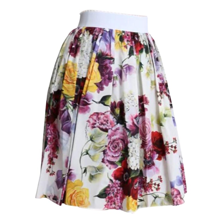 Dolce & Gabbana Multicolor White Cotton Floral A-line Midi Skirt Rose Peony DG