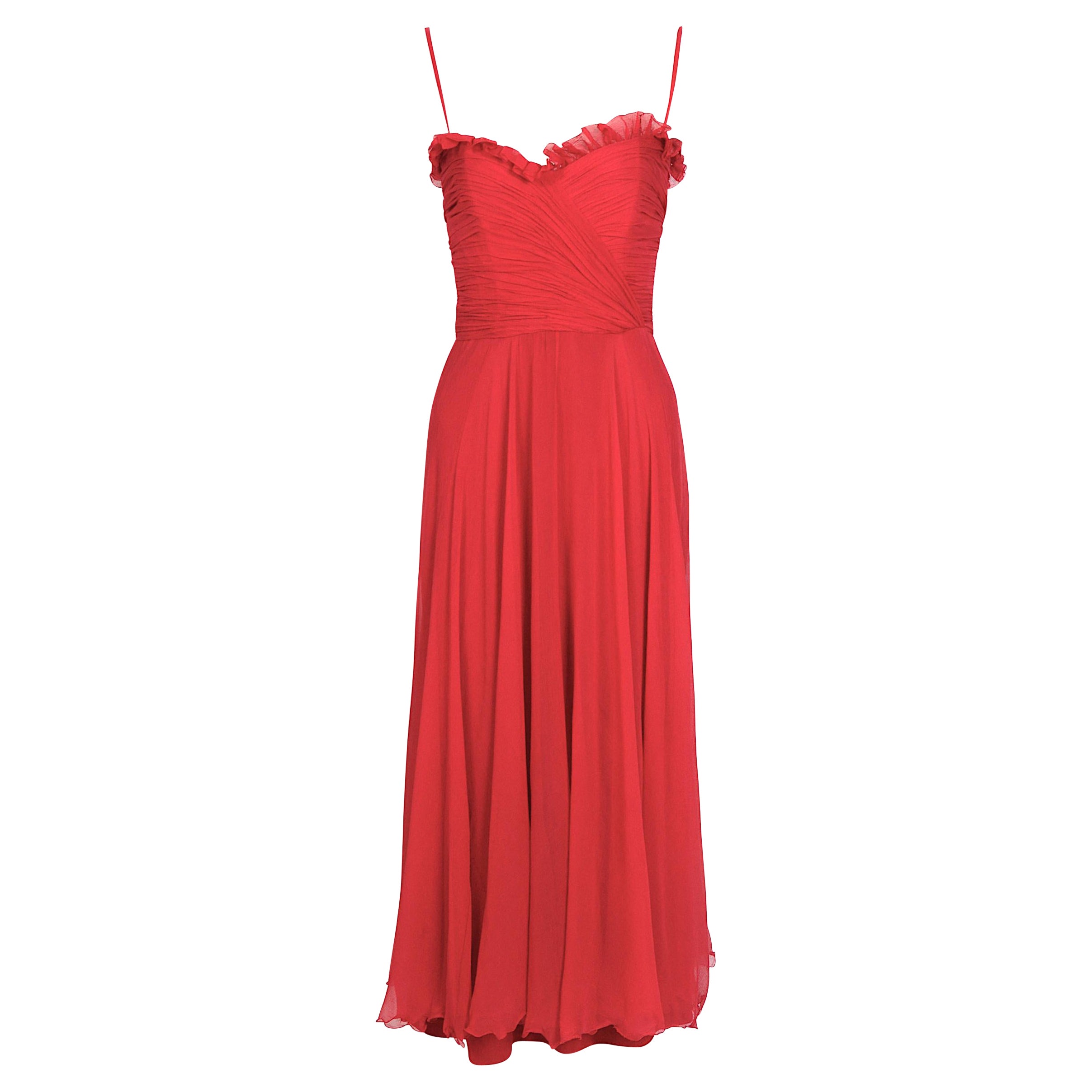 Loris Azzaro 1970s vintage collectors red silk chiffon draped bodice dress