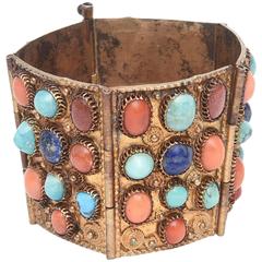 Stunning Egyptian Revival Lapis, Coral and Turquoise Vermeil Cuff Bracelet. 3