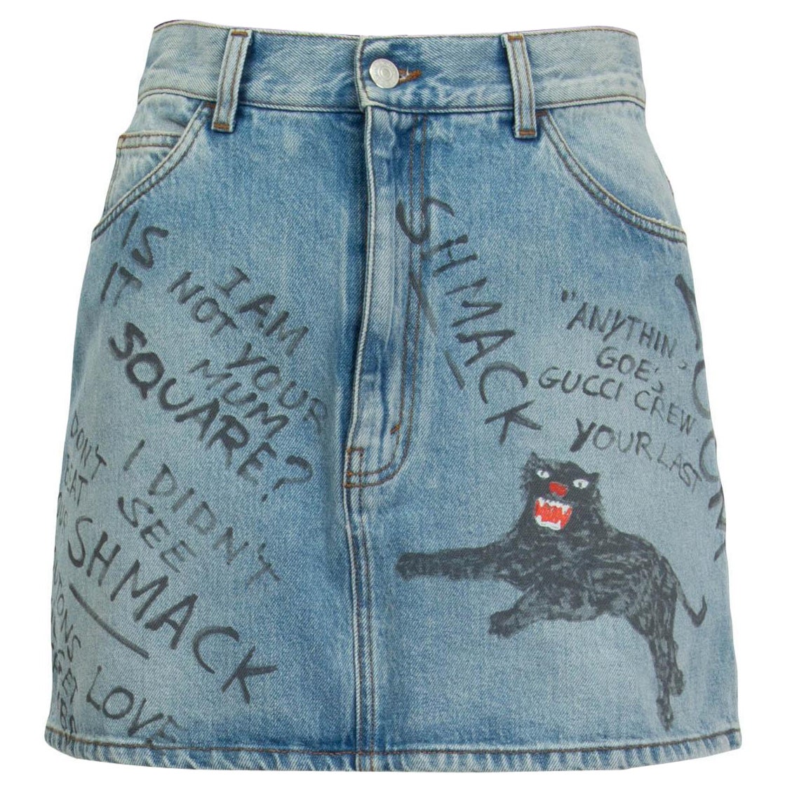 GUCCI blue washed cotton SCRIBBLE WRITING DENIM MINI Skirt 42 M For Sale