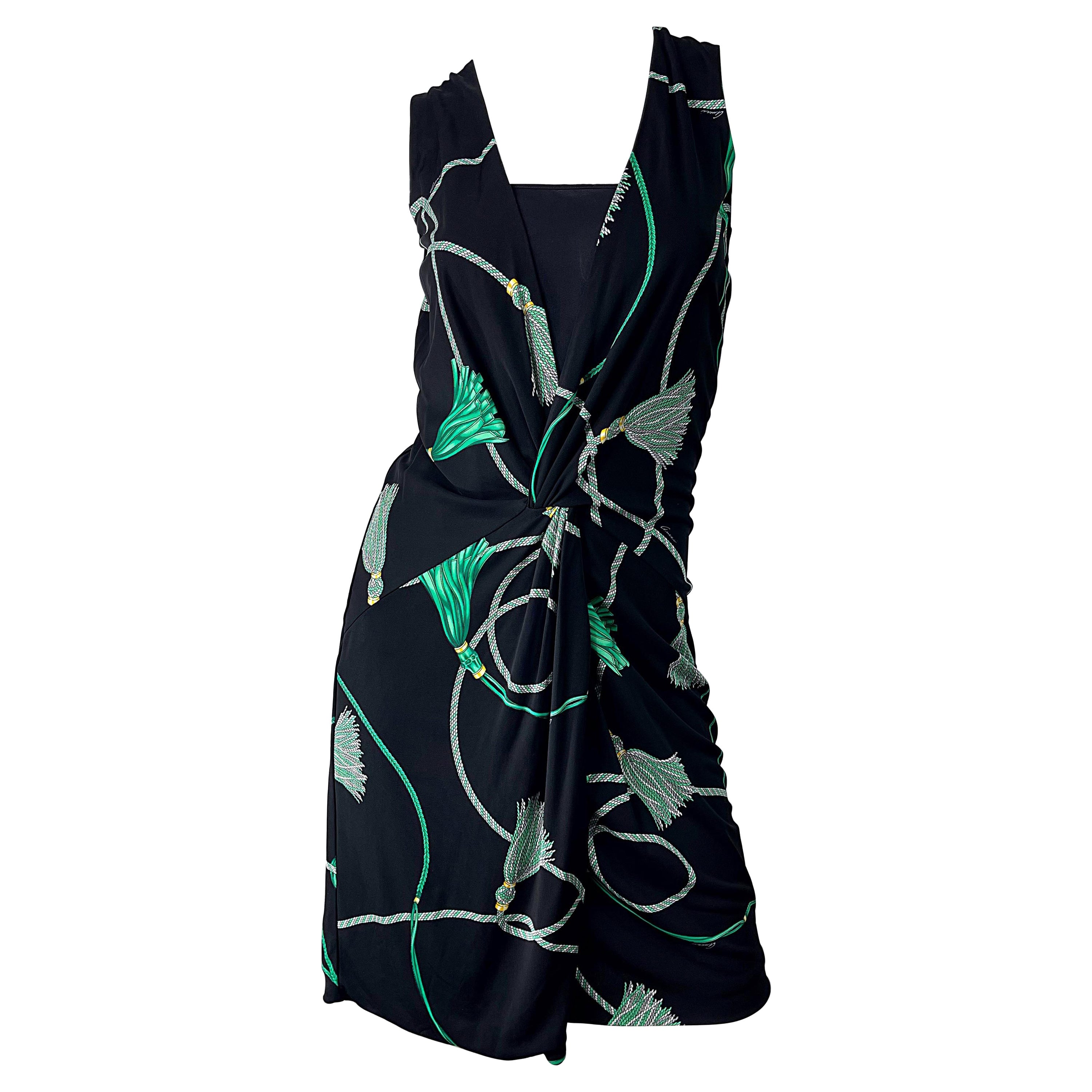 Gucci 2007 Black and Green Logo Tassel Print Rayon Jersey Faux Wrap Dress