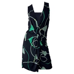 Gucci 2007 Black and Green Logo Tassel Print Rayon Jersey Faux Wrap Dress