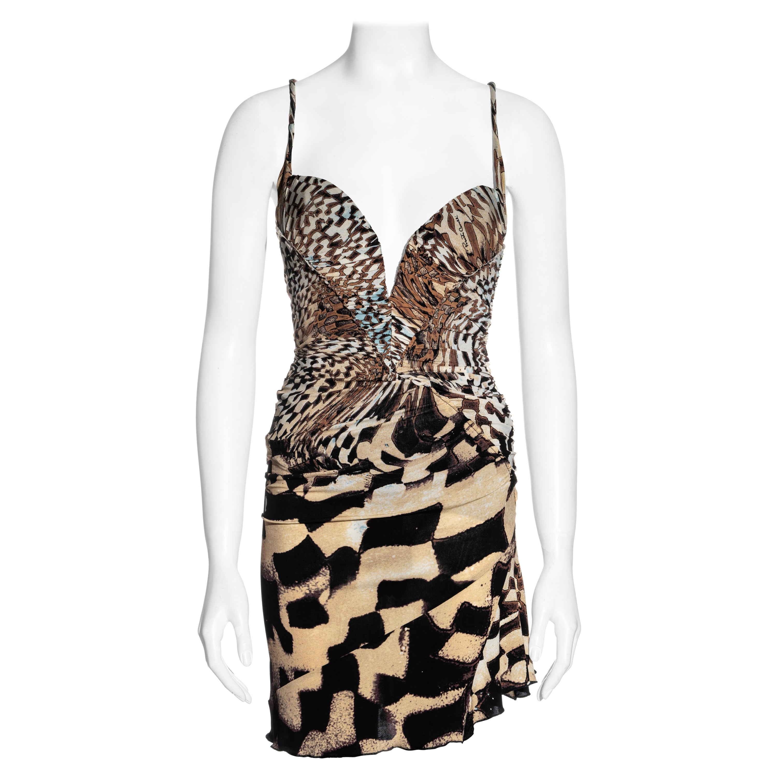 Roberto Cavalli mini vestido encorsetado de punto de seda beige estampado, fw 2003 en venta