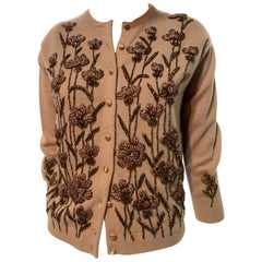 1950 Caramel Color Cashmere Cardigan W/ Bronze Beading & Ribbon Flowers 