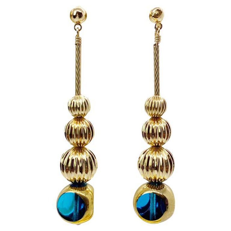 Blue Semi Round German Beads Disco Earrings