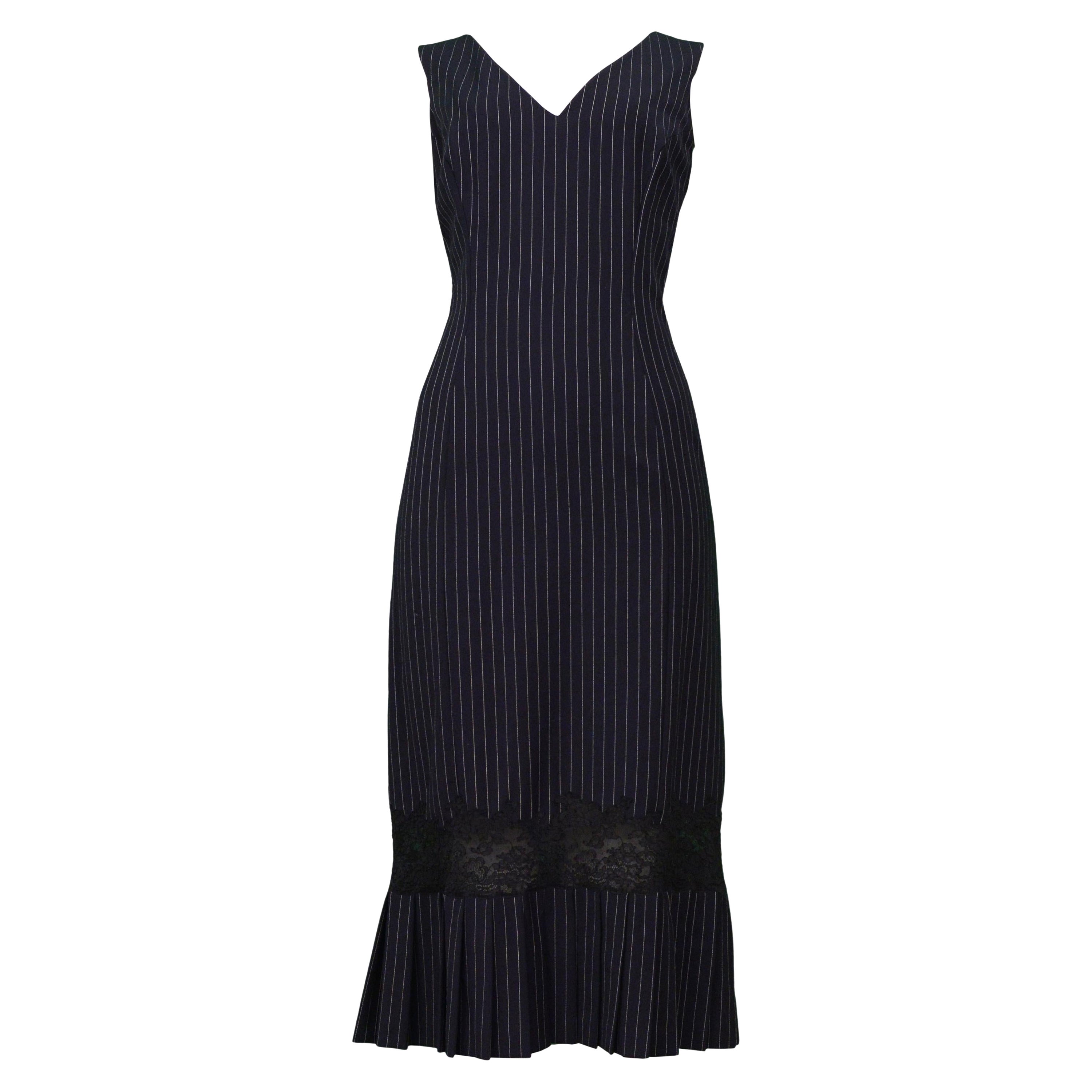 John Galliano Navy Pinstripe Dress With Lace Inset For Sale