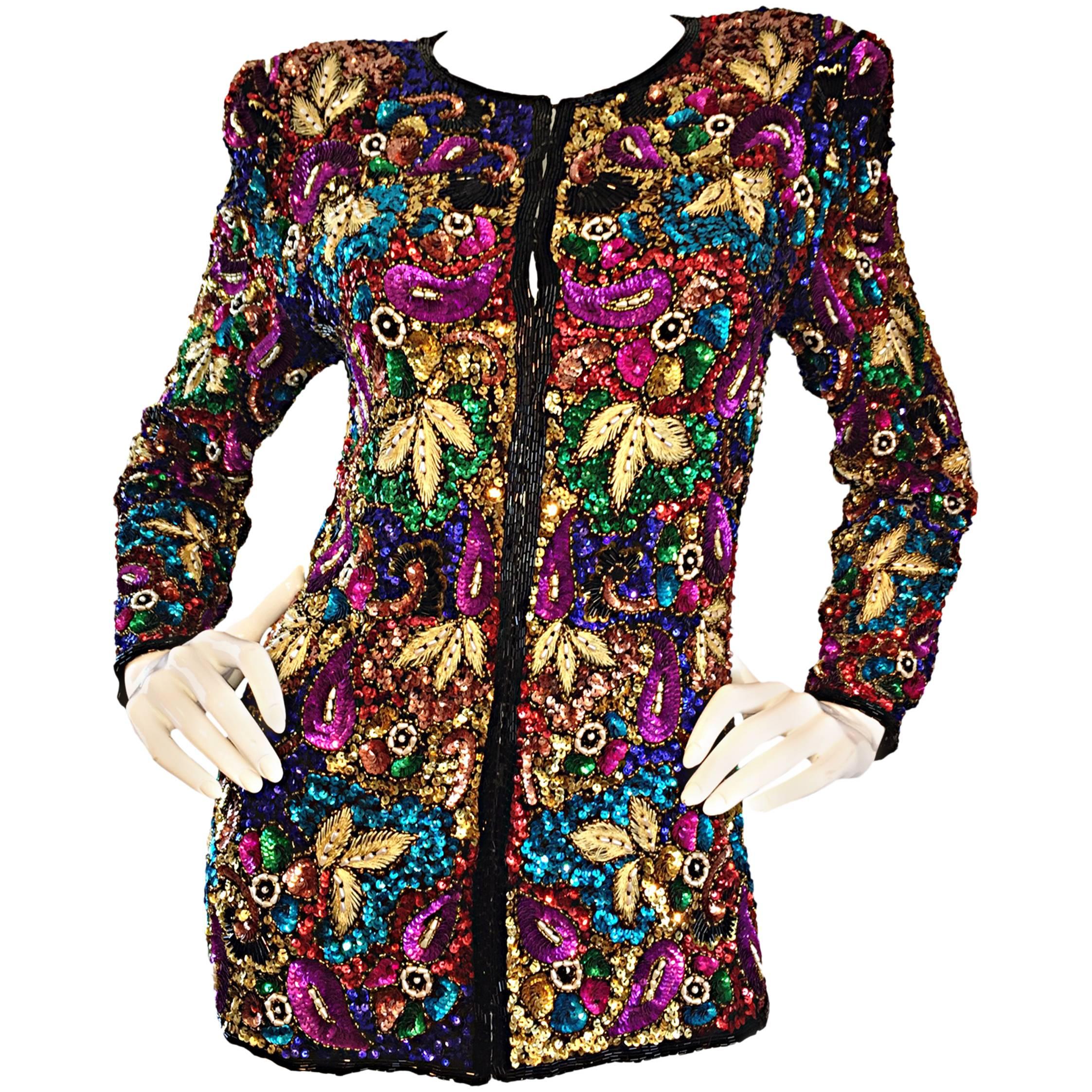 Spectacular Vintage Sequined and Beaded Silk Jacket All - Over Sequins