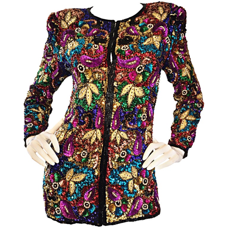 Spectacular Vintage Sequined and Beaded Silk Jacket All - Over Sequins For Sale