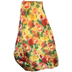 Beautiful Vintage Watercolor Floral Yellow Silk Taffeta Full Length Bubble Skirt