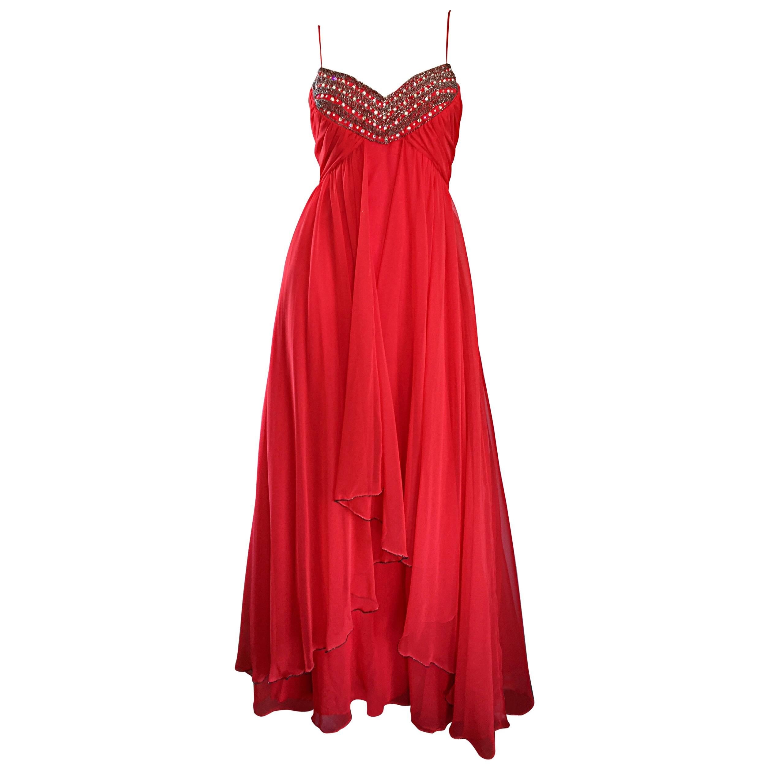 Exquisite 1970s Lipstick Red Chiffon Rhinestone Beaded Vintage 70s Goddess Gown  For Sale